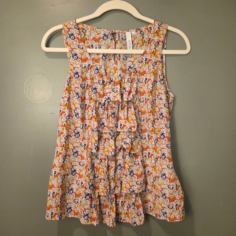 Sine Women's 100% Silk Floral Print Ruffle Sleeveless Blouse Size 6 White Multi